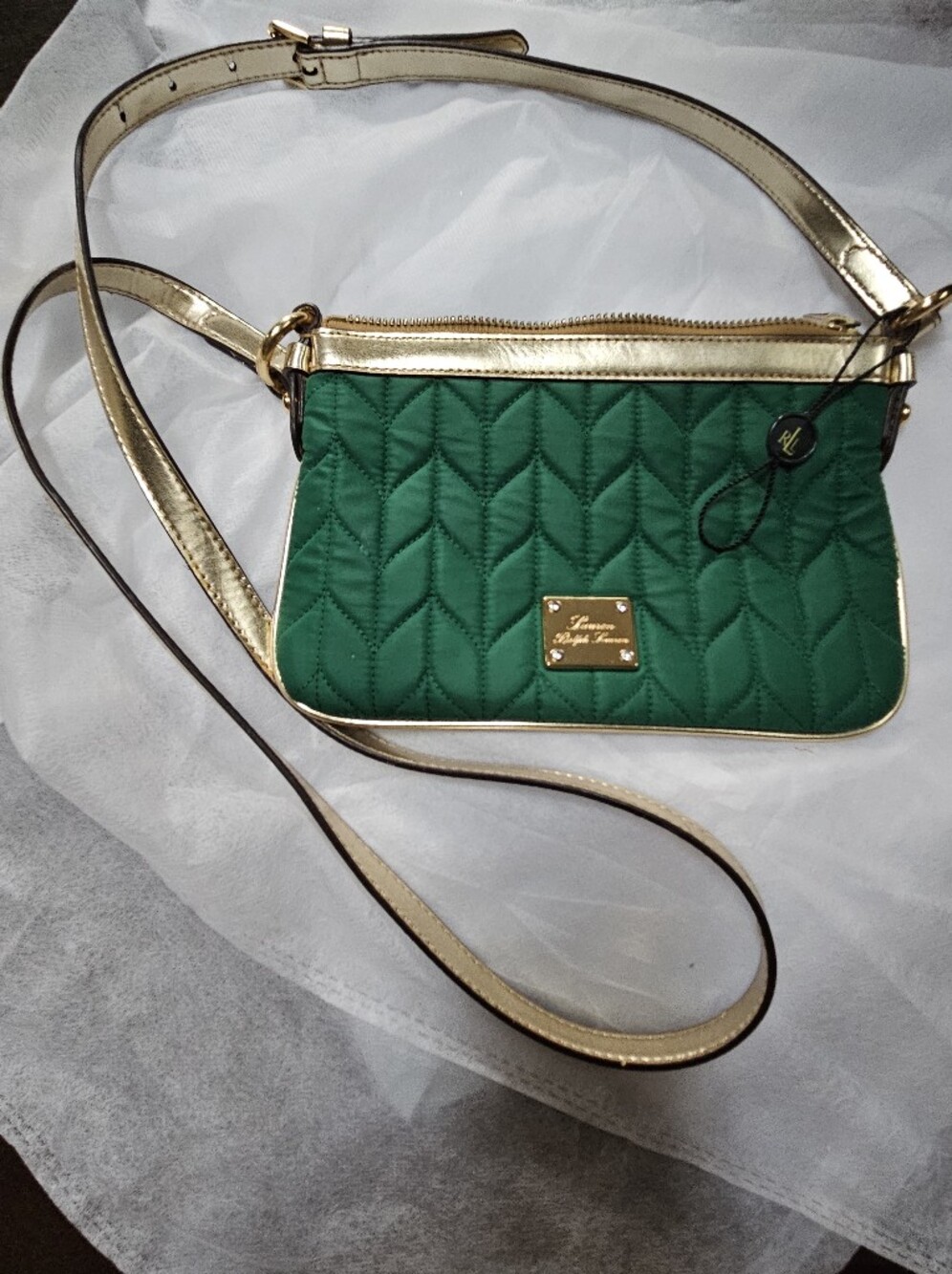 Ralph Lauren Green Quilted Crossbody with Gold Trim